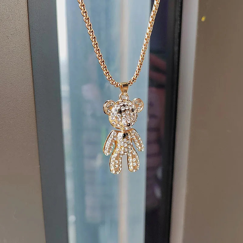 Niedliche Bären-Anhänger-Halskette für Damen, modische Persönlichkeit, Hip-Hop-Kette, glänzender Zirkon-Bär, Hoodie-Accessoires, Trend-Party-Schmuck