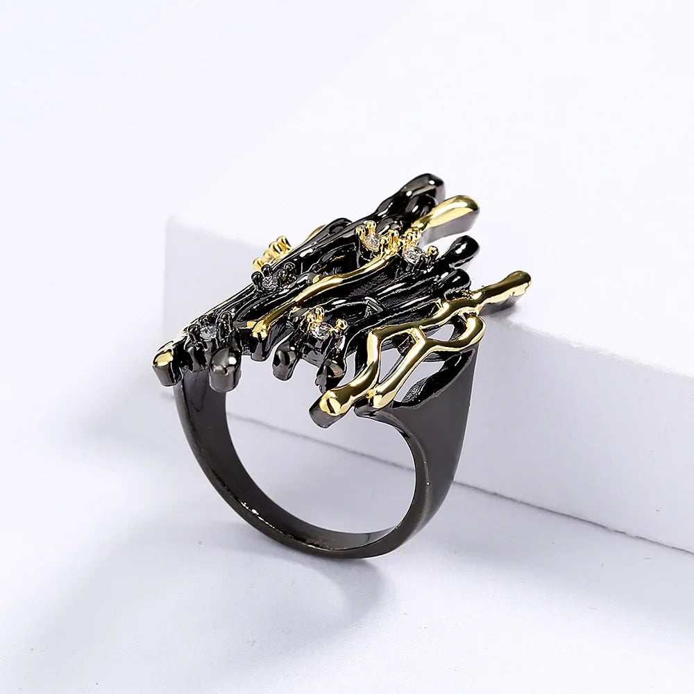 Ringe für Frauen Geometrische Hohle Unregelmäßige Astform Damen Schmuck Mode Party Geschenk Schwarz Gold Farbe Accessoires