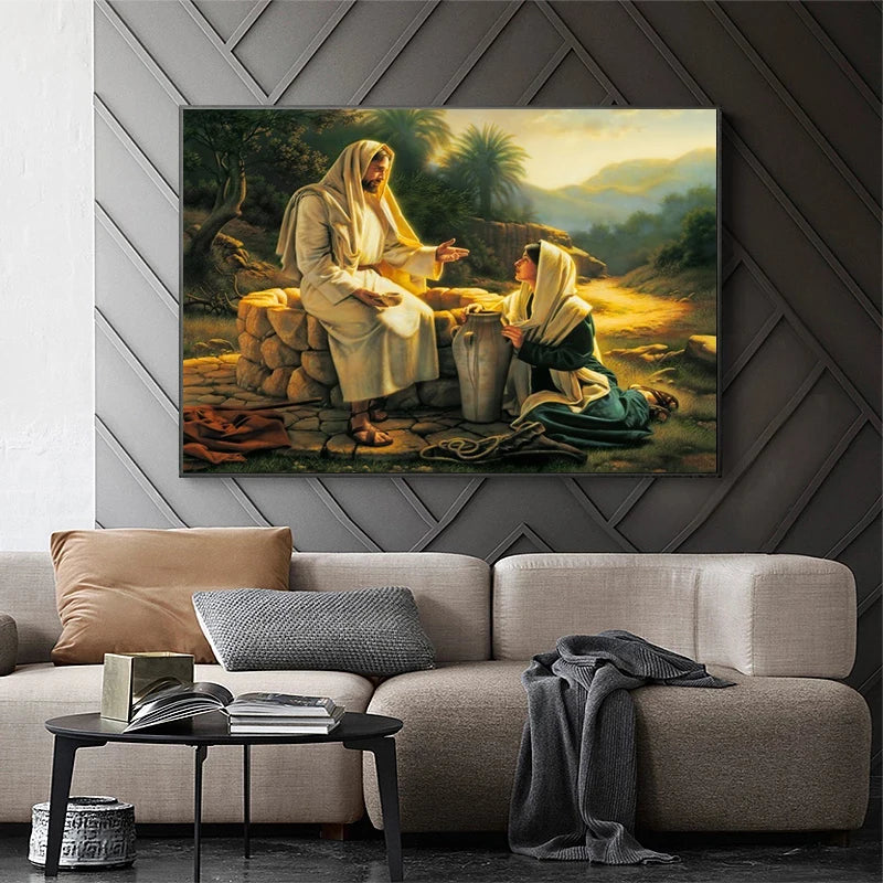Christian God Jesus The Shepherd Christ Belief Faith The Samaritan Woman Posters Prints Canvas Painting Wall Art Picture Decor
