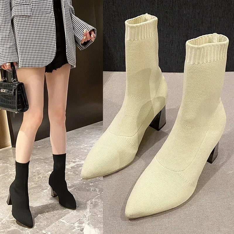 Neue Damen-Spitzstiefel 2025: Modische, schlanke Sockenstiefel und lässige, dicke High-Heel-Sockenstiefel