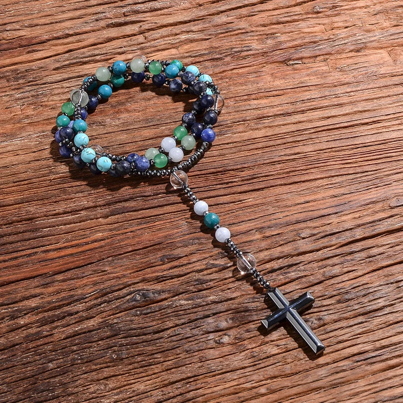 8mm Natursteinperlen Hämatit Kreuzanhänger für Herren Damen Katholische Christus Rosenkranz Kreuzanhänger Halskette Dropshipping