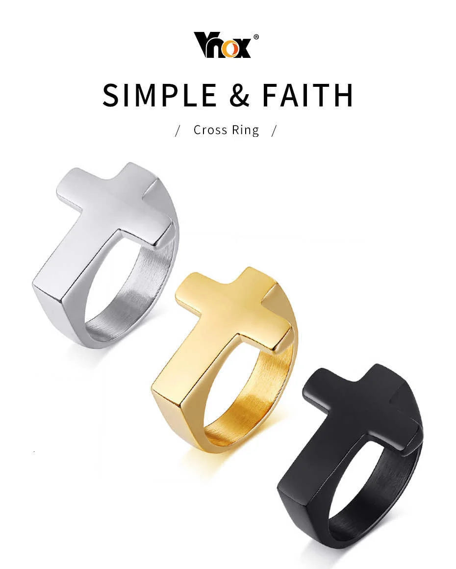 Vnox Einzigartiger Kreuz-Flachring für Herren, glänzender Edelstahl Christus Jesus Gebet Glaube Anel Bruderschaftsringe