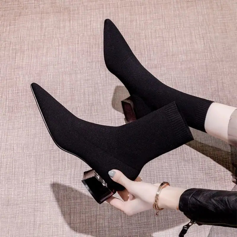 Fashion Women Winter Elastic Sock Ankle Boots Chunky High Heel Stretch Woman Black Sexy Knitted Booties Pointed