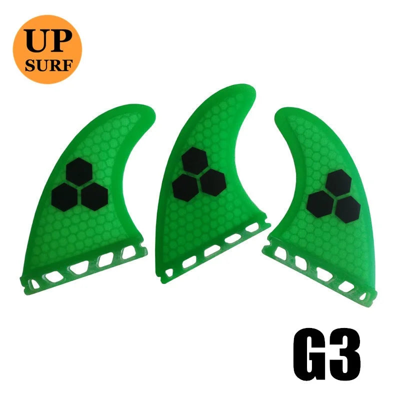 Surfbrett Flossen Set Tri Finnen UPSURF Future S/M/L Honeycomb Fiberglas Orange/Gelb/Blau/Grau/Grün mit schwarzem Logo Funboard Finnen