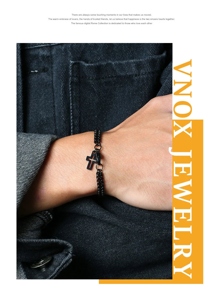 Vnox Einfache, geschichtete 3mm Rolo-Kettenarmbänder für Herren, rundes Kettenglied mit Kreuz-Anhänger, Armband, Christusgebet, Vintage-Freizeitgeschenk
