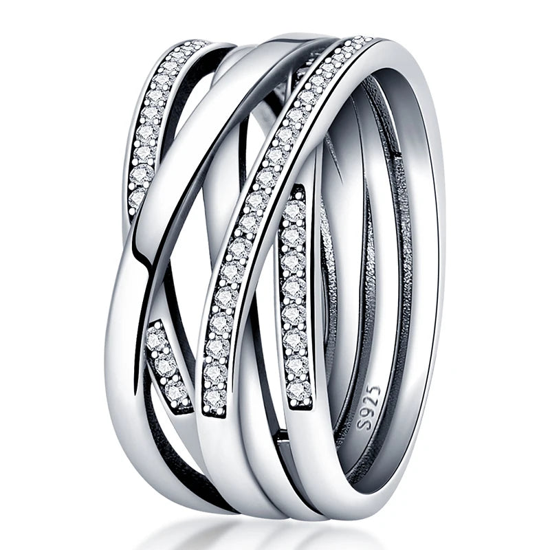 Ringe für Frauen 925 Silberfarbe Zirkon Wickellinie Geometrischer Sternring Verlobung Hochzeit Romantisches Valentinstag Feinschmuck Geschenk