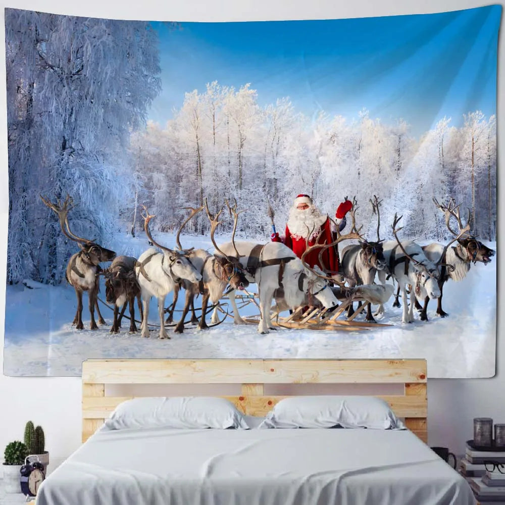 Christmas Tapestry Wall Hanging Winter Night Snowflake Elk Santa Claus Hanging Fireplace Blanket Gift Home Wall Decorations