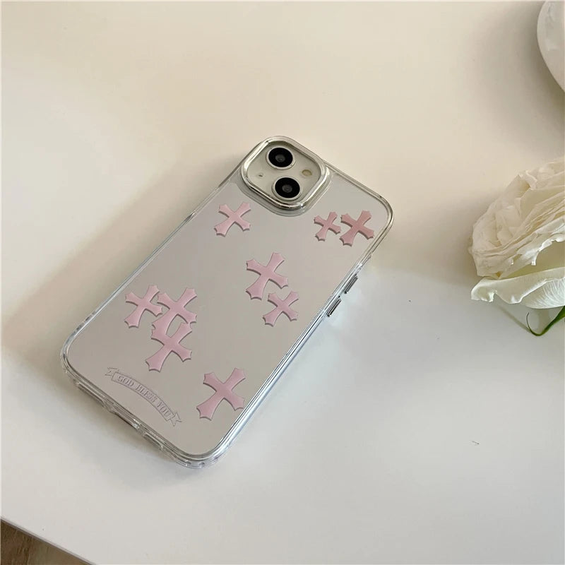 Luxury Makeup Mirror Jesus Christ Cross Phone Case For iPhone 11 13 12 14 Pro Max iPhone 15 pro max cases Cute Hard Back Cover