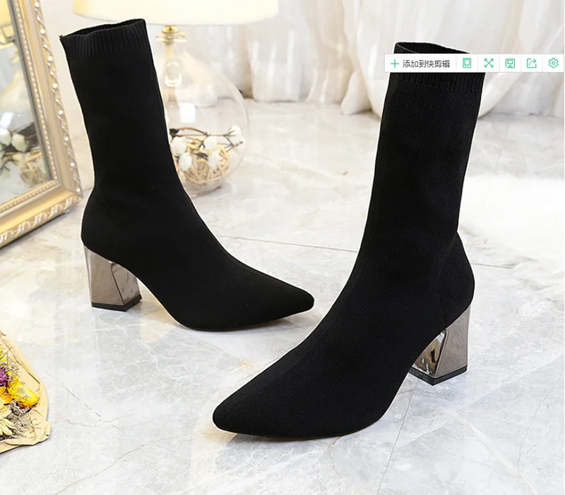 Autumn winter elastic fabric ankle boots women's shoes pointed thick heel stretch boots knitted stockings sizes 34-43