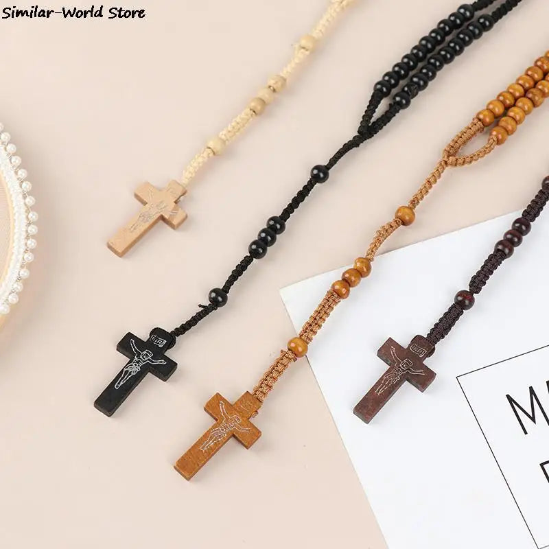 Christus Jesus Holzperlen 9mm Rosenkranzperle Kreuz Anhänger Geflochtenes Seil Halskette Religiöse Orthodoxe Gebetskette Schmuck