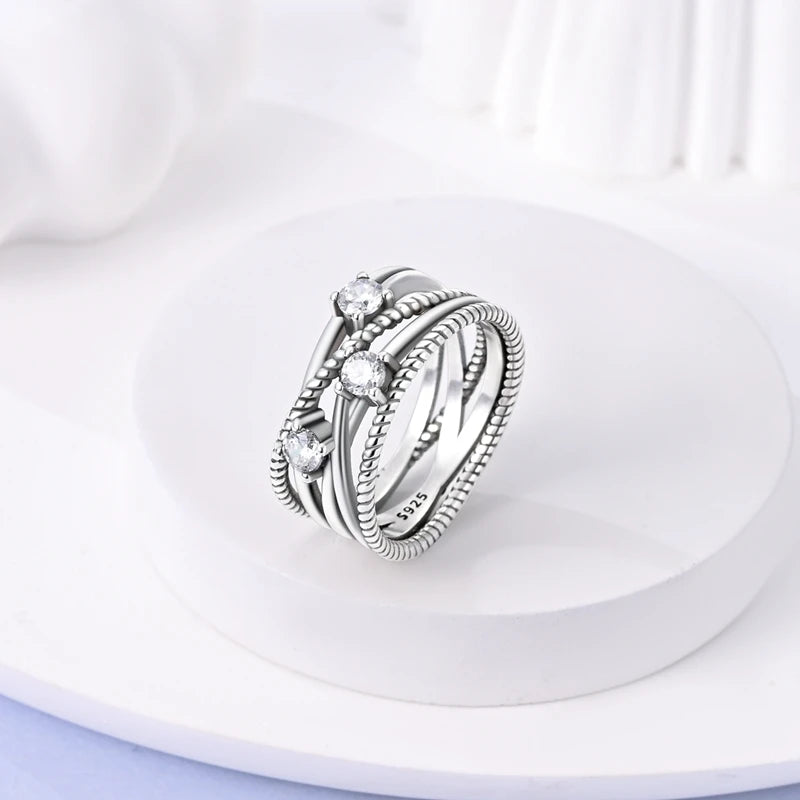 Ringe für Frauen 925 Silberfarbe Zirkon Wickellinie Geometrischer Sternring Verlobung Hochzeit Romantisches Valentinstag Feinschmuck Geschenk