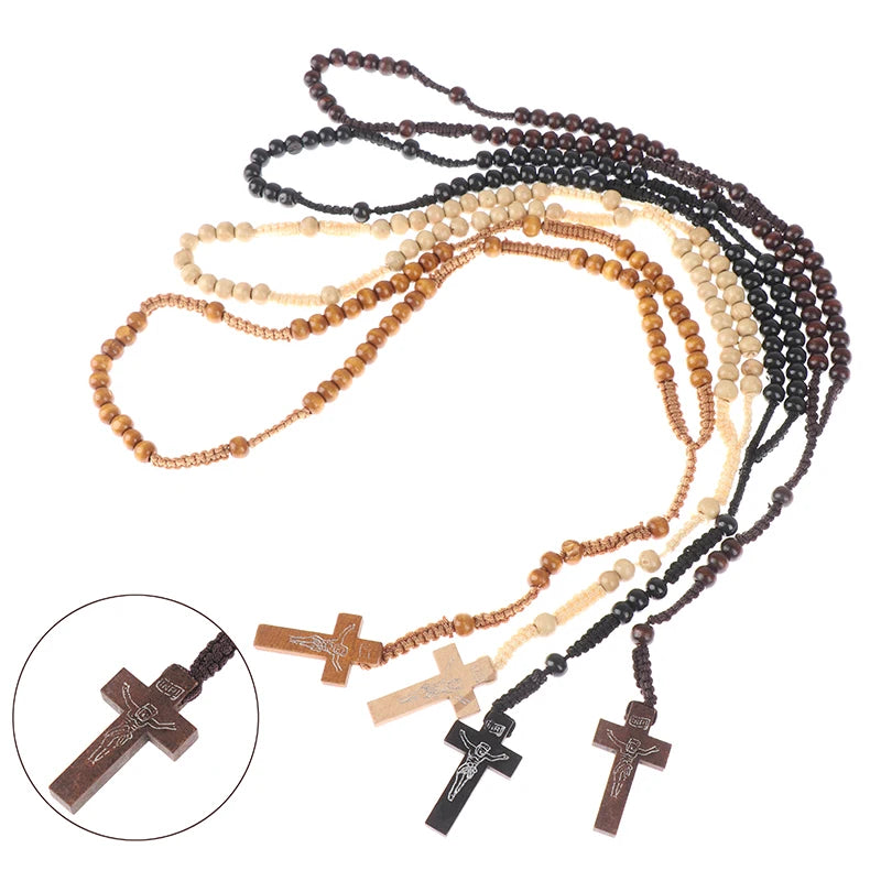Christus Jesus Holzperlen 8mm Rosenkranz Perle Kreuz Anhänger Geflochtene Seilkette Halskette Religiöse Orthodoxe Gebets Schmuckkette Dekor