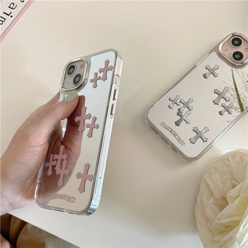 Luxury Makeup Mirror Jesus Christ Cross Phone Case For iPhone 11 13 12 14 Pro Max iPhone 15 pro max cases Cute Hard Back Cover