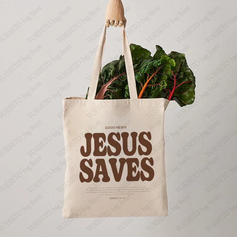 Cood News Jesus Saves Muster Leinwand Schulter Tote Bag Lässig Einkaufstasche Christus Religion Christlicher Glaube Shopper Handtasche