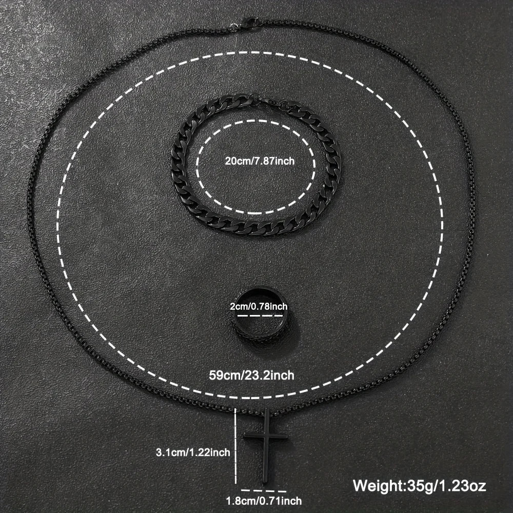 4tlg/Set, Herren schlichte Zeiger runde schwarze Kalender-Quarzuhr und schwarze Kreuz-Anhänger Halskette, Ring, Armband, Geschenk für Ihn