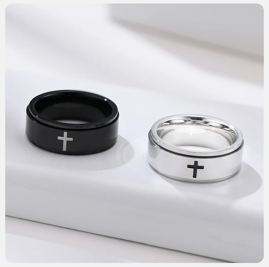 Vnox Spinner Kreuzring für Herren, schwarzer Edelstahl drehbarer Stressabbau-Fingerband, Jungen Christus Jesus Religion Ring