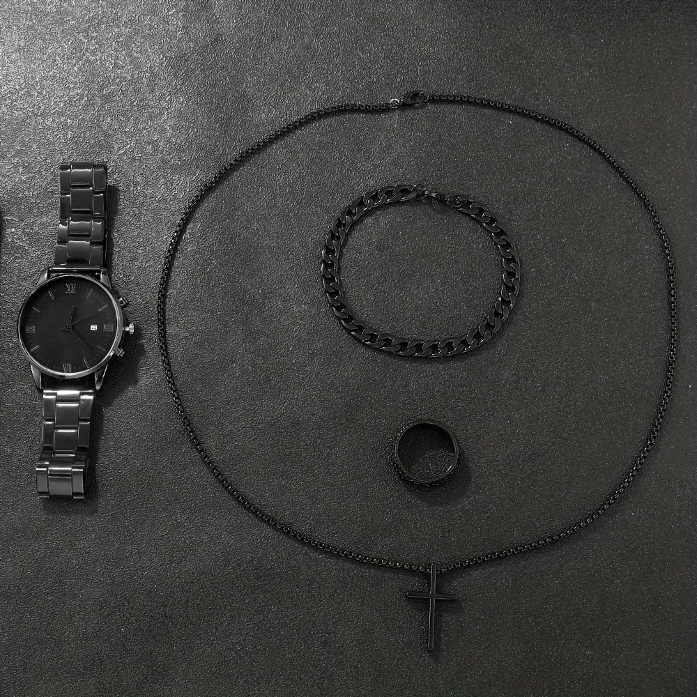 4tlg/Set, Herren schlichte Zeiger runde schwarze Kalender-Quarzuhr und schwarze Kreuz-Anhänger Halskette, Ring, Armband, Geschenk für Ihn