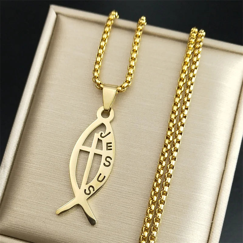 Ichthys Jesus Fisch Kreuz Christus Gott Anhänger Halskette für Frauen Männer Edelstahl Goldfarbe Christliche Kette Schmuck N1482S02