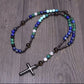 Tiger Eye Stone Bead & Hematite Cross Pendant Necklace for Men Women Catholic Christ Rosary Cross Pendant