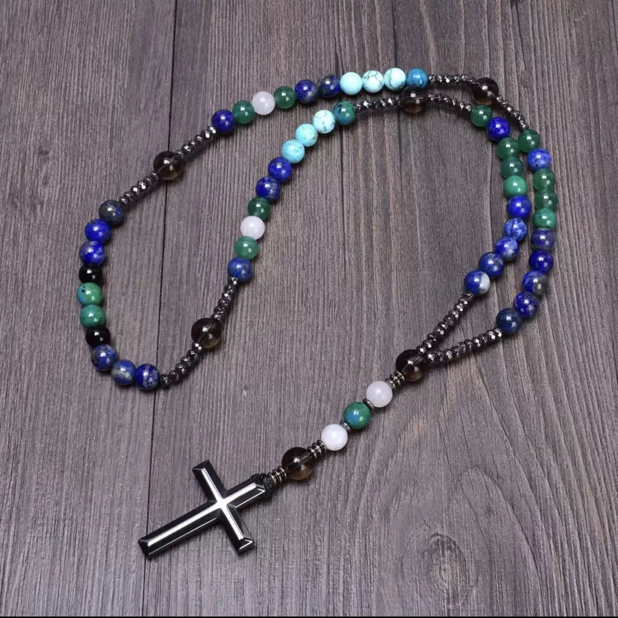 Tiger Eye Stone Bead & Hematite Cross Pendant Necklace for Men Women Catholic Christ Rosary Cross Pendant