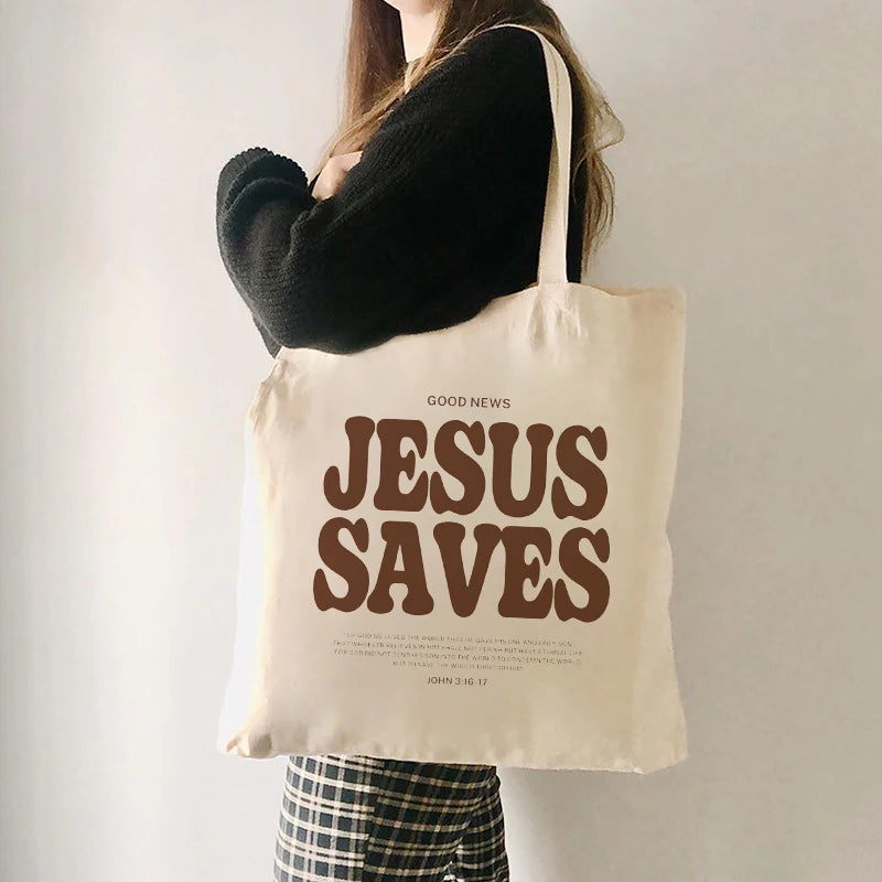 Cood News Jesus Saves Muster Leinwand Schulter Tote Bag Lässig Einkaufstasche Christus Religion Christlicher Glaube Shopper Handtasche