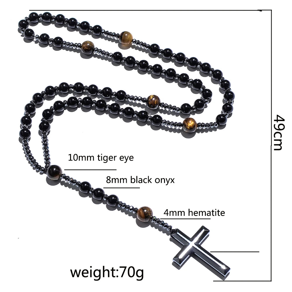 8mm Natursteinperlen Hämatit Kreuzanhänger für Herren Damen Katholische Christus Rosenkranz Kreuzanhänger Halskette Dropshipping