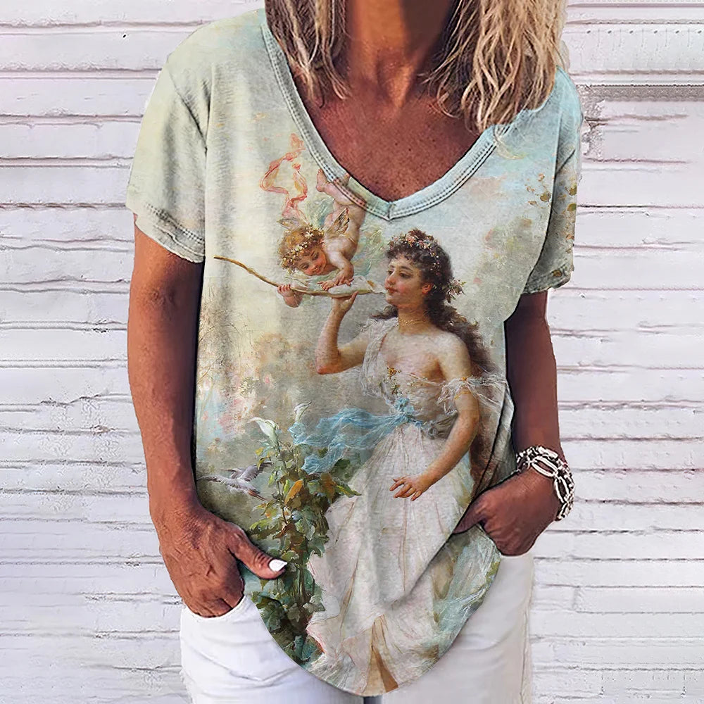 3D Printed T Shirts for Women Summer V-Neck Short Sleeved Tee Vintage Jesus Christ Women's T-Shirt Casual Streetwear Top Shirt