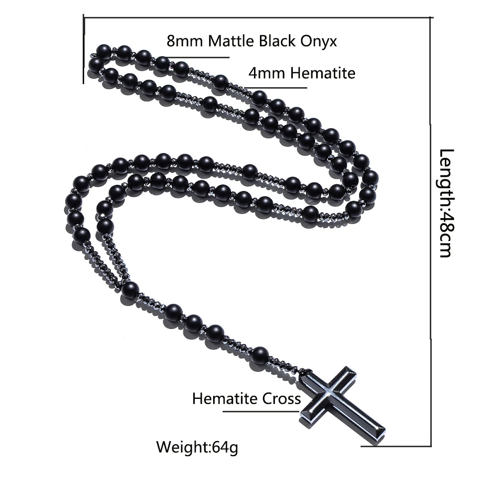 8mm Natursteinperlen Hämatit Kreuzanhänger für Herren Damen Katholische Christus Rosenkranz Kreuzanhänger Halskette Dropshipping