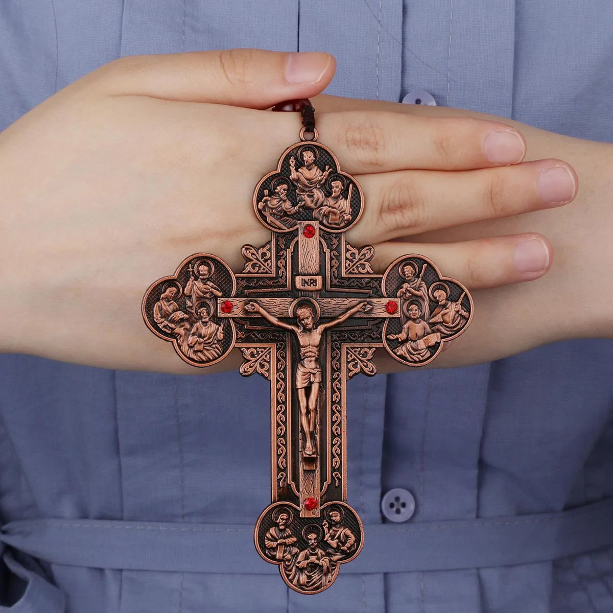 Diyalo Katholisches Metallkruzifix Jesus Christus Kreuz Anhänger Halskette Rosenkranz Holzkugeln Kette Halskette Damen Herren Schmuck Geschenk