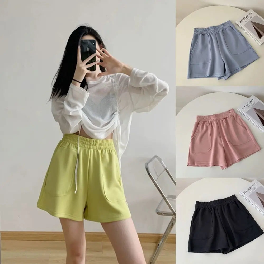Lässige Damen-Shorts mit hoher Taille, kurze Sporthosen für den Sommer mit Tasche, lose Unterteile für Zuhause, Mädchen-Homewear, weite Sweathose