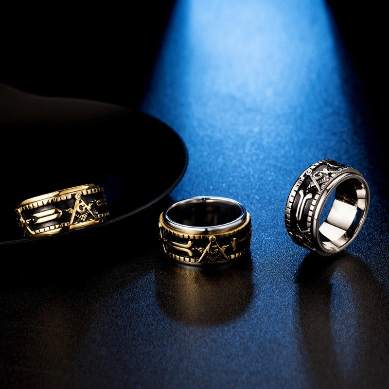 Freemasonry Geometric Rings Rotatable Titanium Steel Men's Large Ring Fashion Jewelry