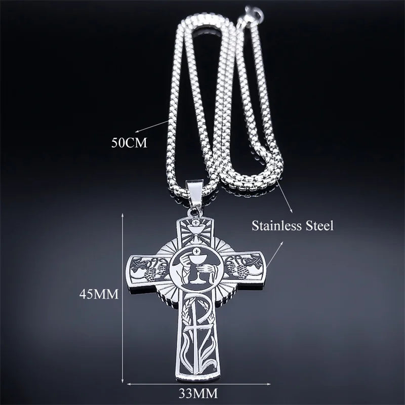 Christian Christus Eucharistie Heiligenschein Traubensaft Kreuz Kette Edelstahl Männer Frauen Katholische Heiliger Geist Kirche Halskette Schmuck