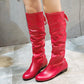 Shoes For Women  Knee High Boots Red Black White Tall Boots Woman Pleated Low Heel Casual Leather Female Long Shoes