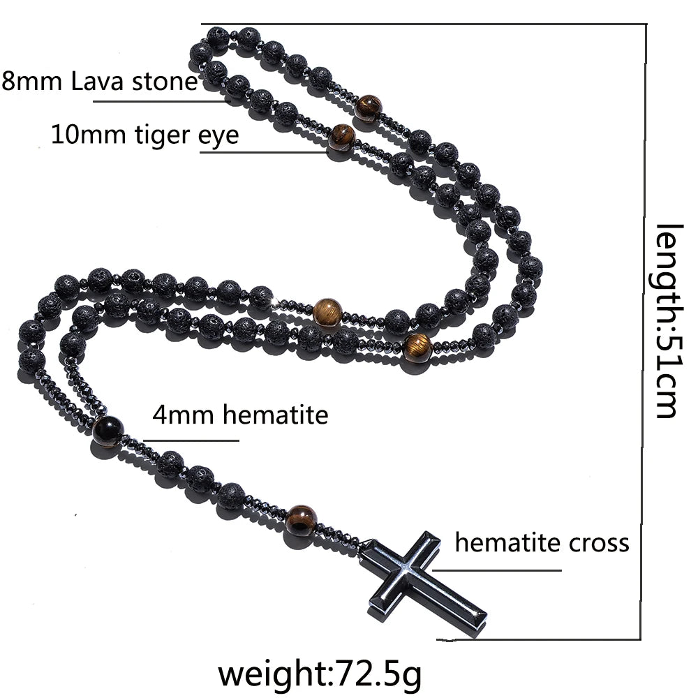 8mm Natursteinperlen Hämatit Kreuzanhänger für Herren Damen Katholische Christus Rosenkranz Kreuzanhänger Halskette Dropshipping