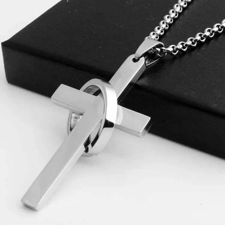 Schlichte Kreuzkette mit Kreis Anhänger Edelstahl Halskette Christ Kreuz Halskette für Herren Jungen Coole Halskette Collier