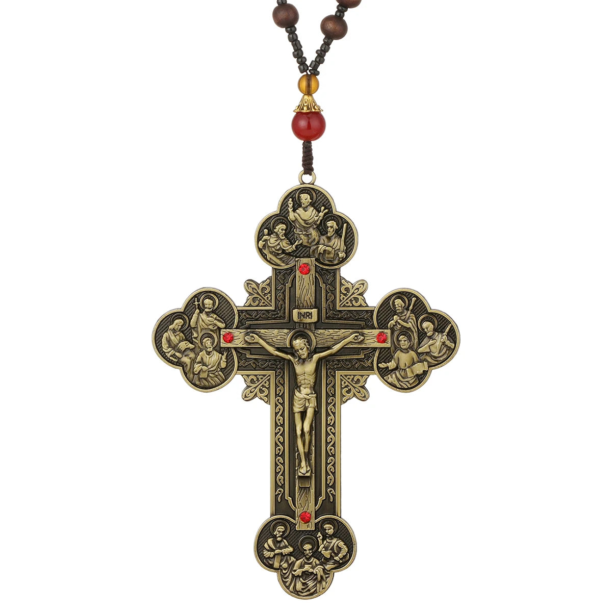 Diyalo Katholisches Metallkruzifix Jesus Christus Kreuz Anhänger Halskette Rosenkranz Holzkugeln Kette Halskette Damen Herren Schmuck Geschenk