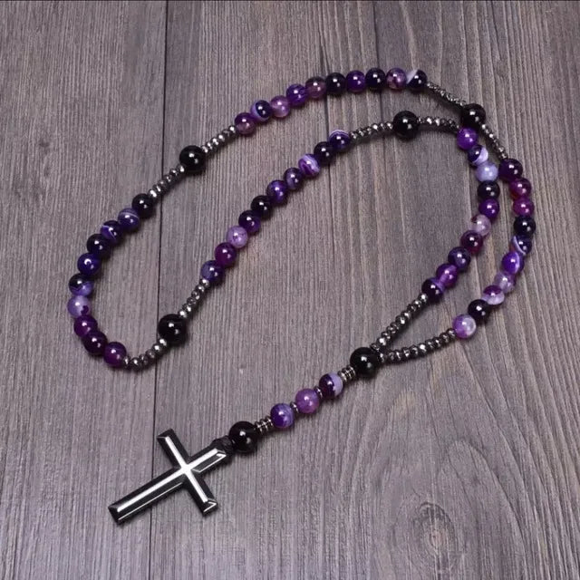 Tiger Eye Stone Bead & Hematite Cross Pendant Necklace for Men Women Catholic Christ Rosary Cross Pendant