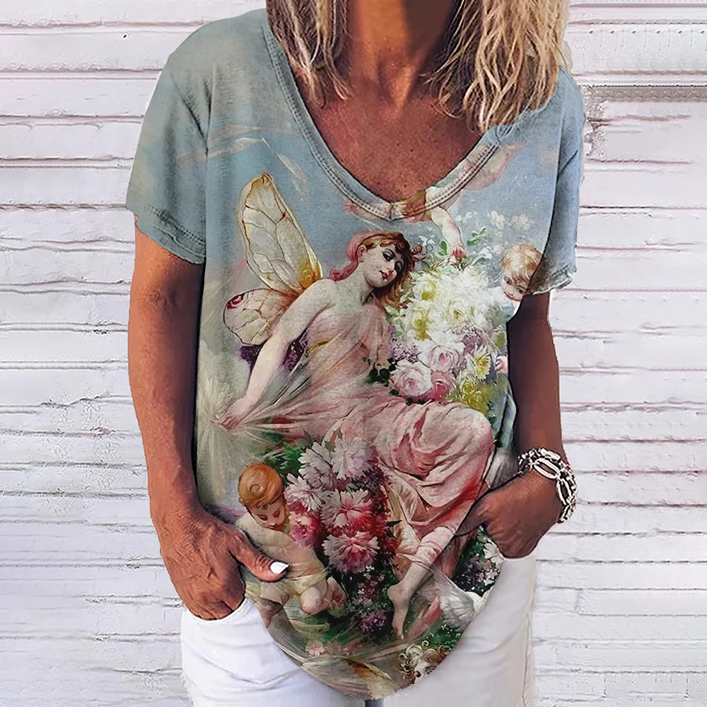 3D Printed T Shirts for Women Summer V-Neck Short Sleeved Tee Vintage Jesus Christ Women's T-Shirt Casual Streetwear Top Shirt