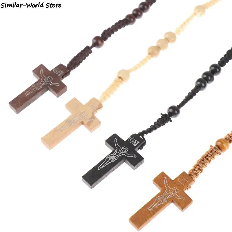 Christus Jesus Holzperlen 9mm Rosenkranzperle Kreuz Anhänger Geflochtenes Seil Halskette Religiöse Orthodoxe Gebetskette Schmuck