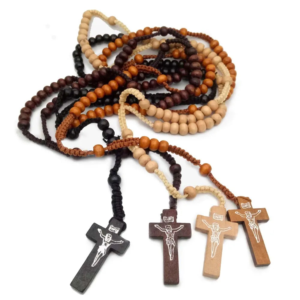 Christus Jesus Holzperlen 8mm Rosenkranz Perle Kreuz Anhänger Geflochtene Seilkette Halskette Religiöse Orthodoxe Gebets Schmuckkette Dekor