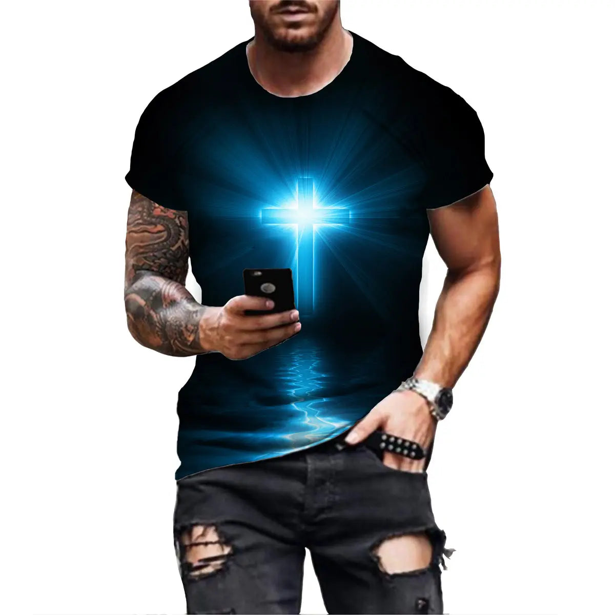 Sommer Lässige 3D Kreuz T-Shirt Herren Jesus Aufdruck T-Shirt 2022 Kurzarm Streetwear Christlicher Stil Männliche Kleidung