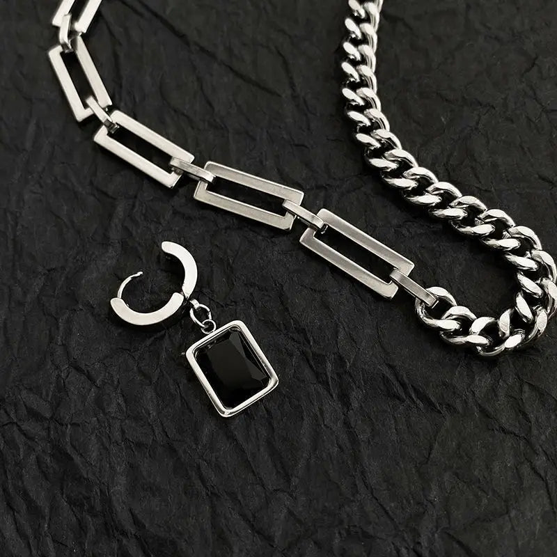 Edelstahl Cuban Gliederkette Halskette für Herren Schwarz Quadrat Anhänger Halskette Herren Halsketten Coole Hip Hop Halskette Neu