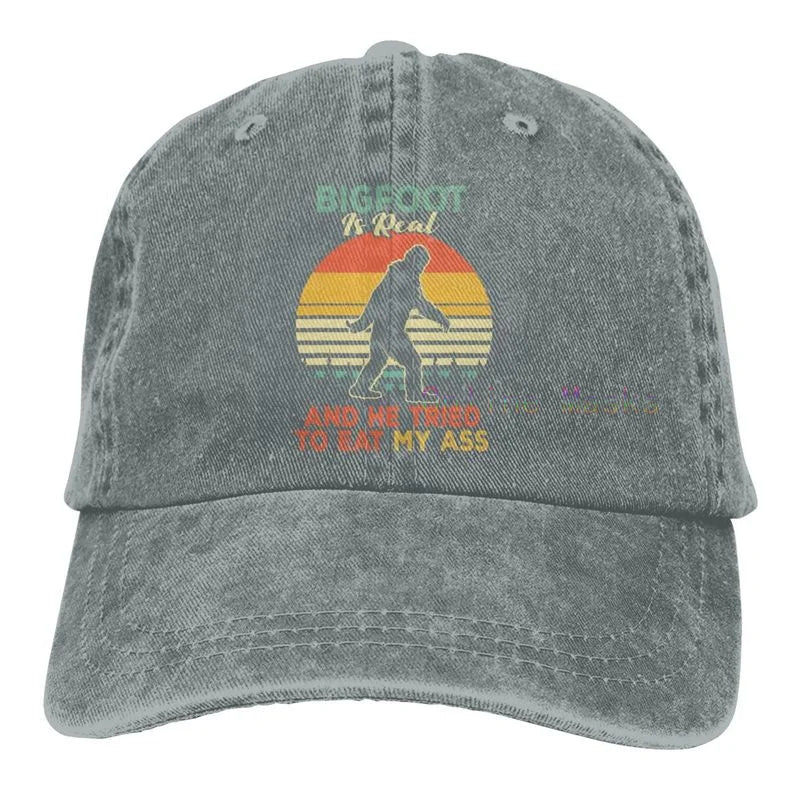 Bigfoot is Real and He Tried to Eat My Ass Baseball Cap Unisex Vintage Trucker Hat Adjustable Cowboy Hats for Mens Womens