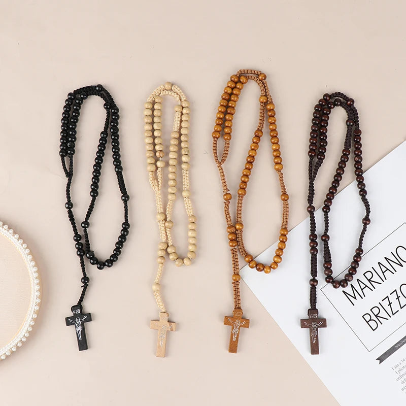 Christus Jesus Holzperlen 8mm Rosenkranz Perle Kreuz Anhänger Geflochtene Seilkette Halskette Religiöse Orthodoxe Gebets Schmuckkette Dekor
