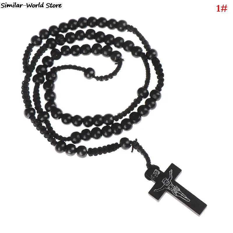 Christus Jesus Holzperlen 9mm Rosenkranzperle Kreuz Anhänger Geflochtenes Seil Halskette Religiöse Orthodoxe Gebetskette Schmuck