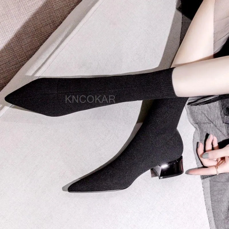 Fashion Women Winter Elastic Sock Ankle Boots Chunky High Heel Stretch Woman Black Sexy Knitted Booties Pointed