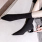 Comemore Women's Dress Pointed Mid-heeled Short Ankle Boot Female Autumn 2023 2024 Knitted Block Low Heel High Socks Boots Shoes