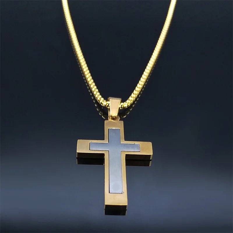 HNSP Stainless Steel Cross Pendant Chain Necklace For Men Christ Jesus Jewelry Catholic Crucifixes Rosaries Accessories