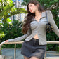 Damen T-Shirt Frühling Herbst Kleidung Gerippter Strick Langarm Kurze Oberteile Reißverschluss Design T-Shirt Sexy Weibliche Schmale Oberteile