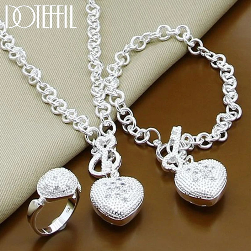 DOTEFFIL 925er Sterling Silber AAA Zirkonia Herz Armband Halskette Ring Set für Damen Hochzeit Verlobung Party Charm Schmuck